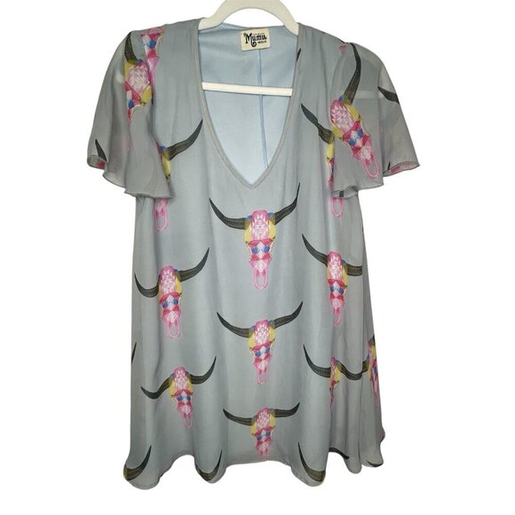 Show Me Your Mumu Kyle Mini Dress Womens M Blue Chiffon Cow Skull Western Boho - Picture 1 of 12